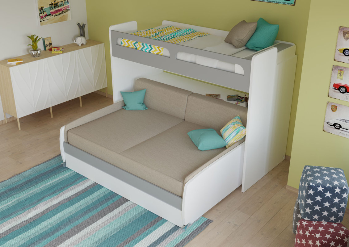 Brayden Studio Gautreau Twin Bunk Bed over Full XL Sofa Bed, Table and